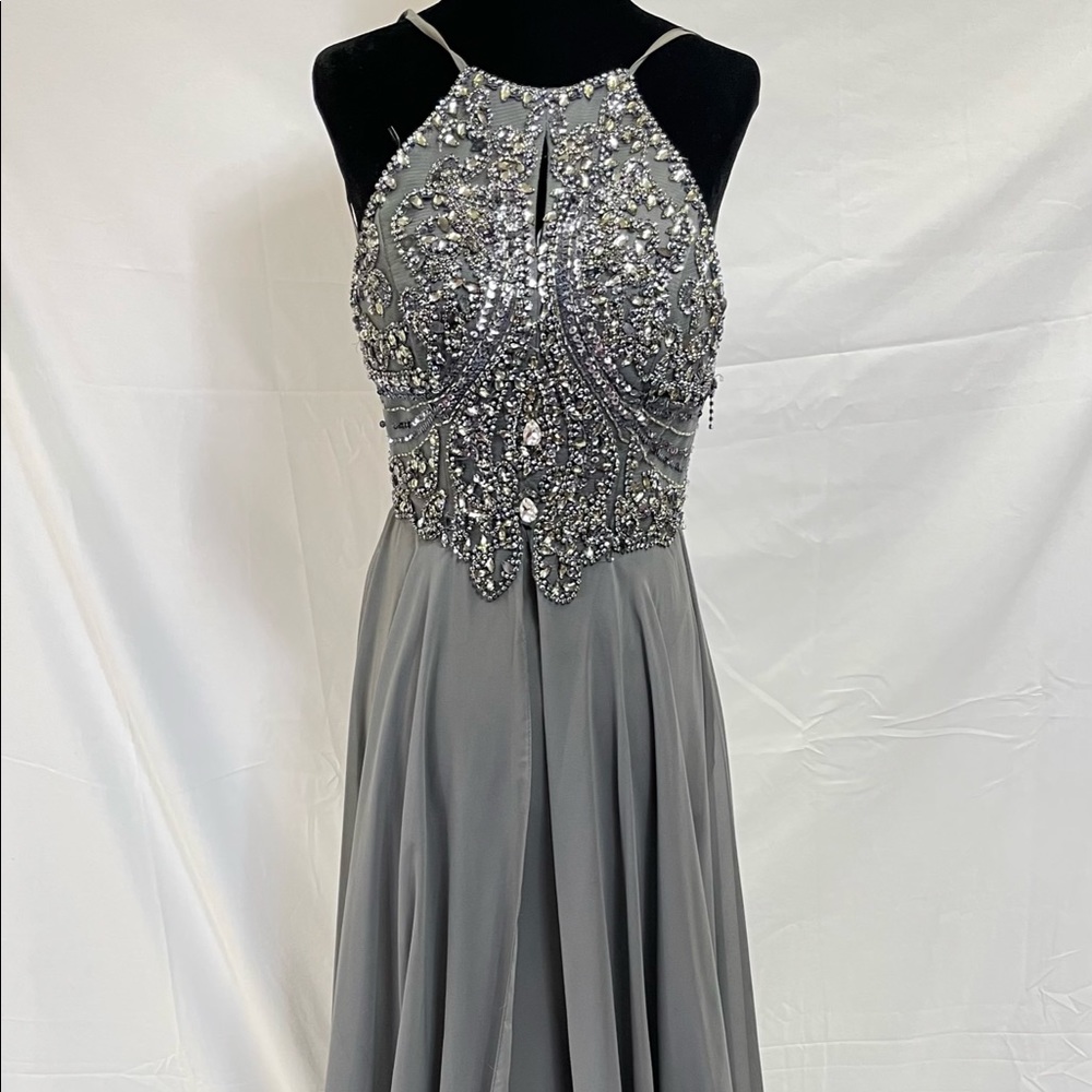 Jovani Gray Halter Beaded and Chiffon Dress